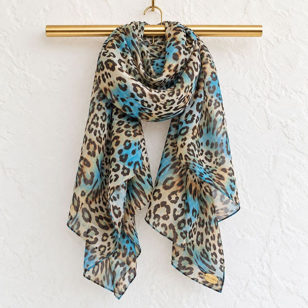 St John Leopard Animal Print Sheer Scarf Wrap Shawl Blue Brown Logo 58 x 38.5